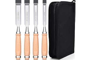 GREBSTK 9.5in Wood Chisel Set for Woodworking, 4pcs Chrome Vanadium Steel Bevel-Edge Bench Chisels with Cap, Comfortable Beech High Impact Handle, with Canvas Bag