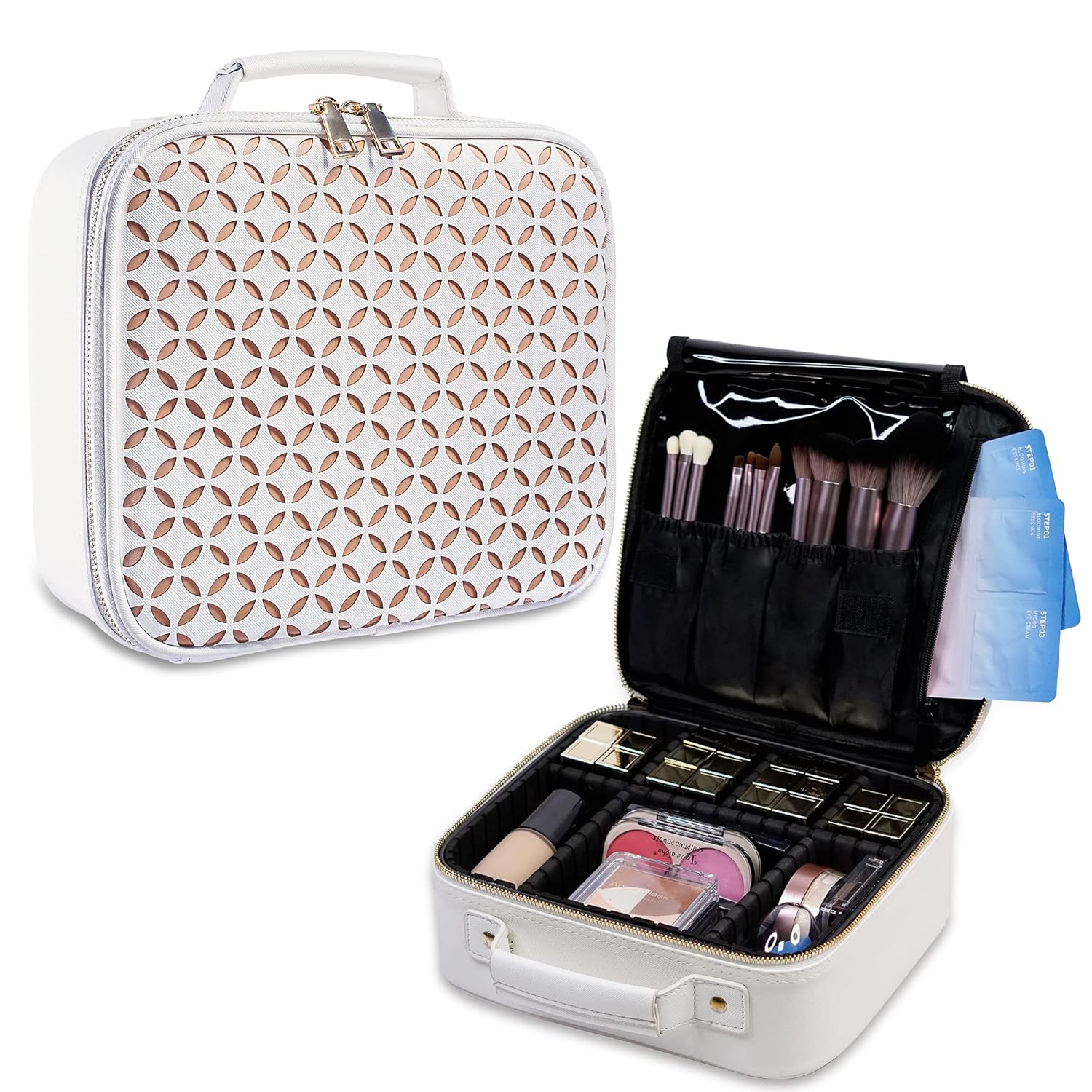 L'GLADKING Makeup Case Cosmetic Travel Bag Makeup Organizer Bag Travel Makeup Organizer for Women with Brush Holder and Adjustable Dividers for Makeup Brushes (white) : Beauty