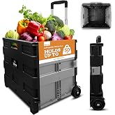 Inspired Living Ultra-Slim Rolling Collapsible Storage Pack-N-Roll Utility-carts, with Telescopic Handle, for Home, Garden, Shopping, Office, School use, Medium, Grey &amp; Black