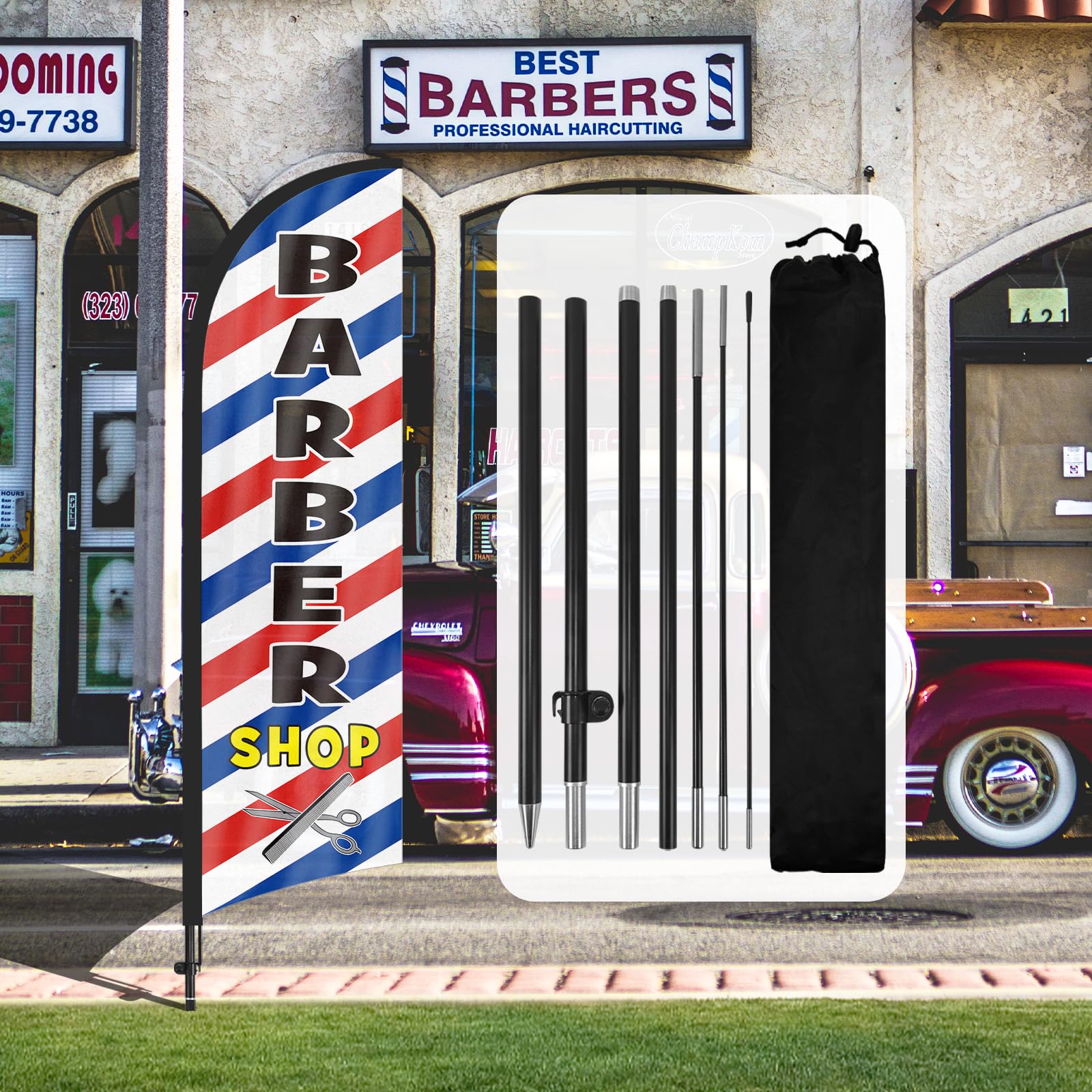 QSUM Barber Shop Feather Flag,8FT Barber Shop Advertising Swooper Flag with Pole Kit, Ground Spike,Signs for Businesses and Storefronts