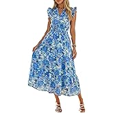 Simplee Womens Summer Floral Mixi Dress V Neck Ruffle Short Sleeve Flowy Dress Boho Casual Beach Long Dresses 2026