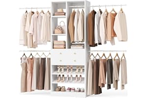 Besiost Closet System, 4.2–8.8 FT Closet Organizer with 2 Wooden Drawers and Shelves, Walk-in Closet System with 5 Hang Rods, Built-in Reach in Closet Tower, Can Fit 60 to 96 inch, White