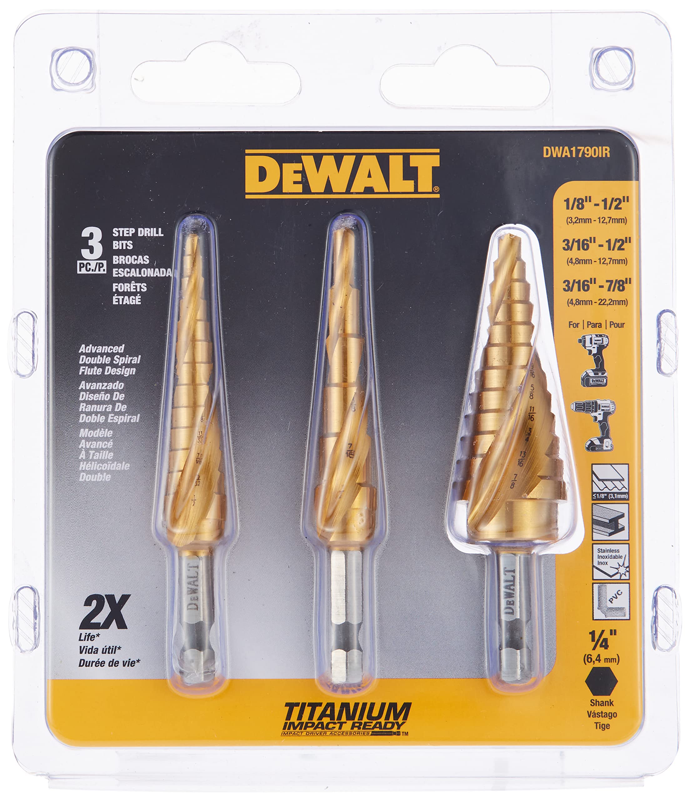 DEWALT Drill Bit Set, 3 Piece, Titanium Nitride Coated, Longer Life and Better Chip Removal (DWA1790IR) — image 1