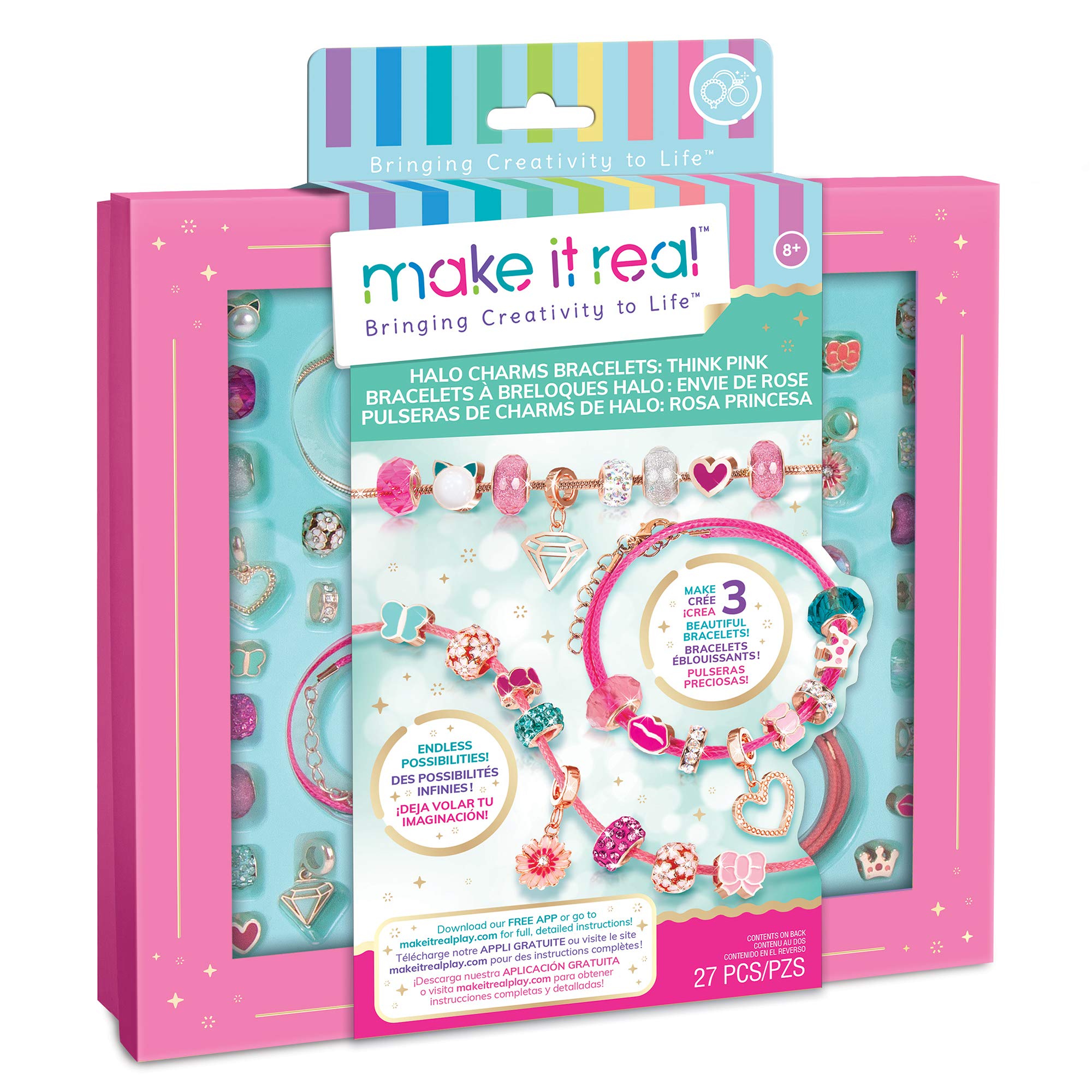 Make It Real Pink Friendship Bracelet Making Kit with Halo Charms and Beads! - Kids Jewellery - Gifts for Girls