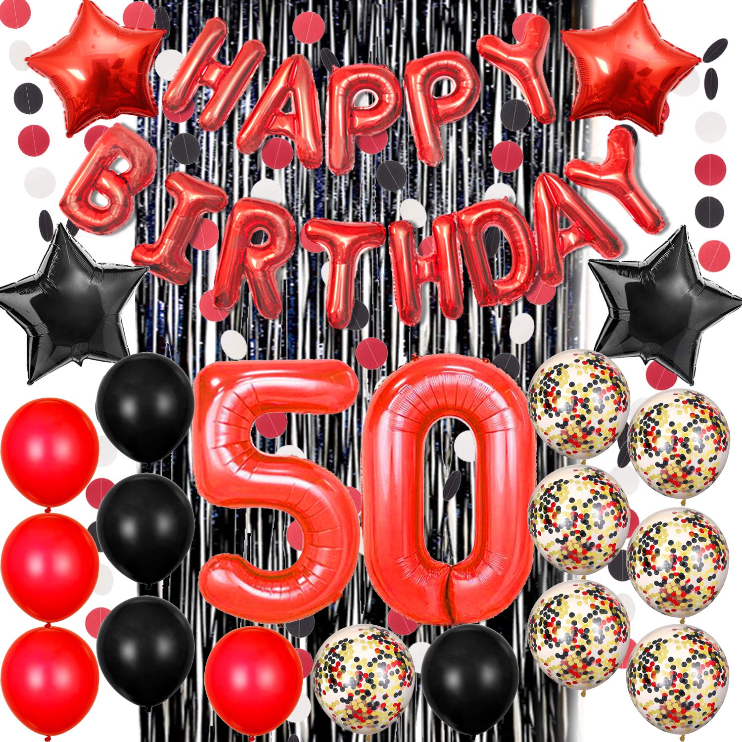 Haimimall 50th Birthday Decorations For Women Men Black And Red 50th Birthday Party Balloons Happy Birthday Banner Balloons 50 Number Foil Balloons Amazon In Health Personal Care