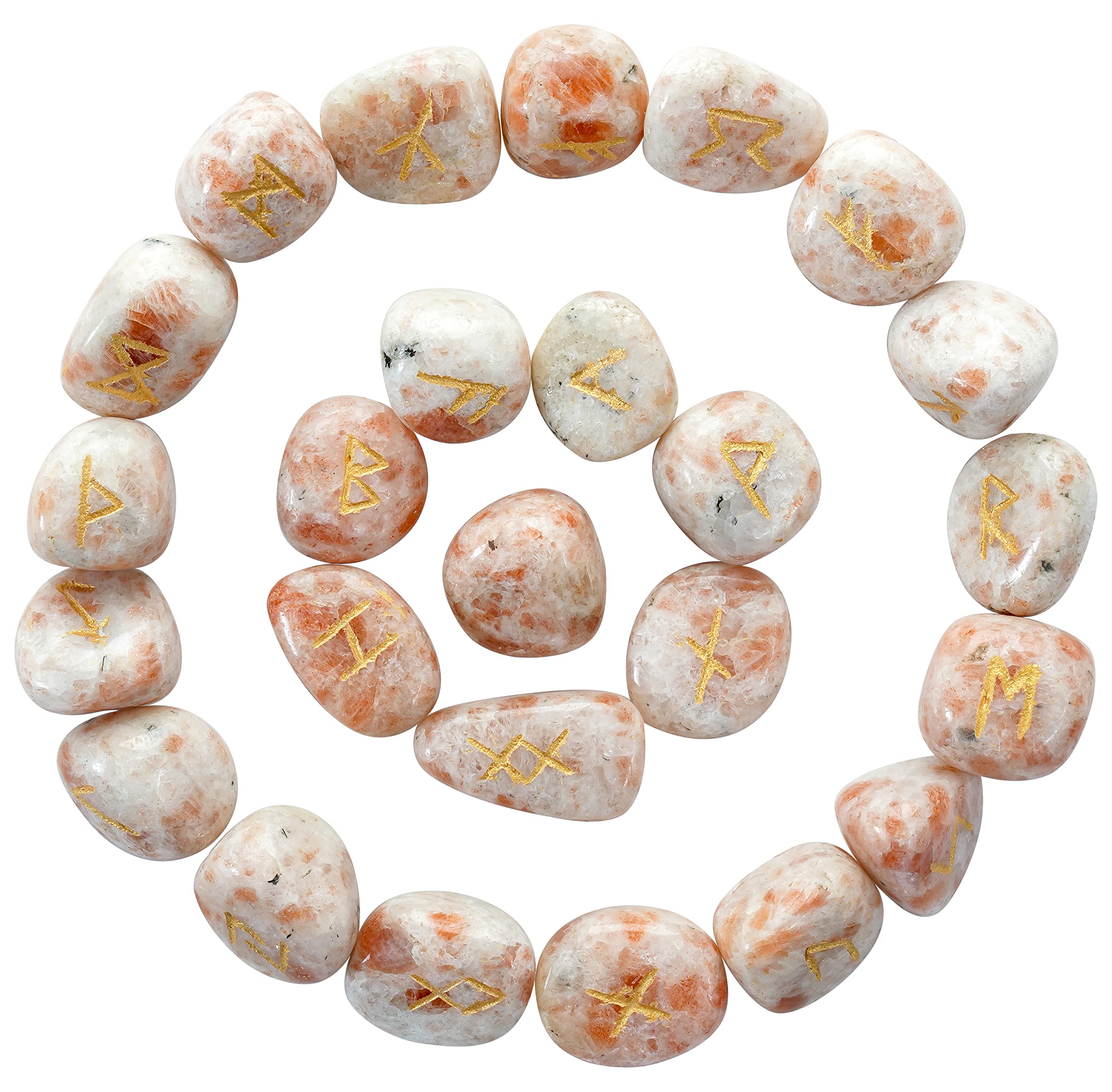 Crocon® Sunstone gemstone tumbled Rune Stones Set with Elder Futhark Alphabet Engraved Symbol (25 Pcs) gift feng shui reiki stone set with a pouch & runes brochure Size :- 20-25 mm Approx