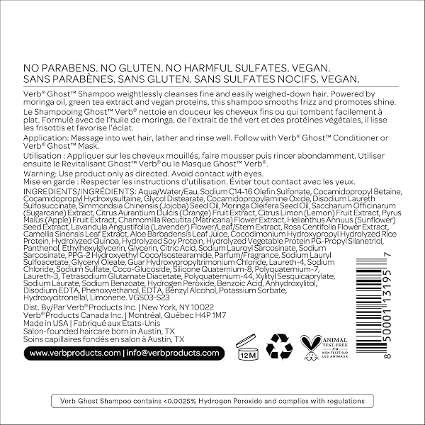 VERB GHOST SHAMPOO, 12 FL OZ – INFUSED WITH MORINGA OIL – CLEANSES FINE AND WEIGHED DOWN HAIR – VEGAN, NO PARABENS OR HARMFUL SULFATES