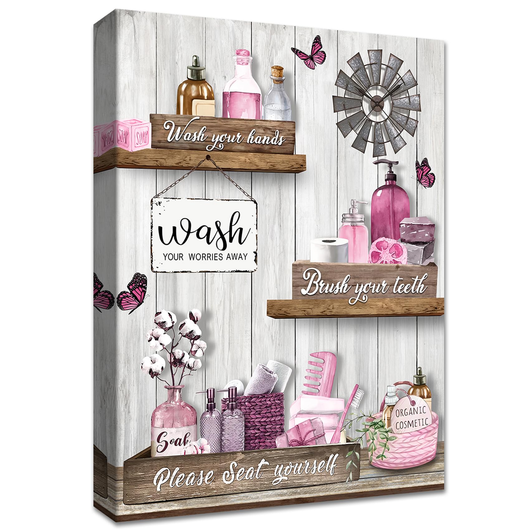 Wooden Framed Pink Bathroom Canvas Wall Art Wash Your Worries Away Motivational Quotes Canvas Print Butterflies and Cotton Vase Picture Painting Home Gallery Corridor Bathroom Wall Decor 40x 60cm — image 1