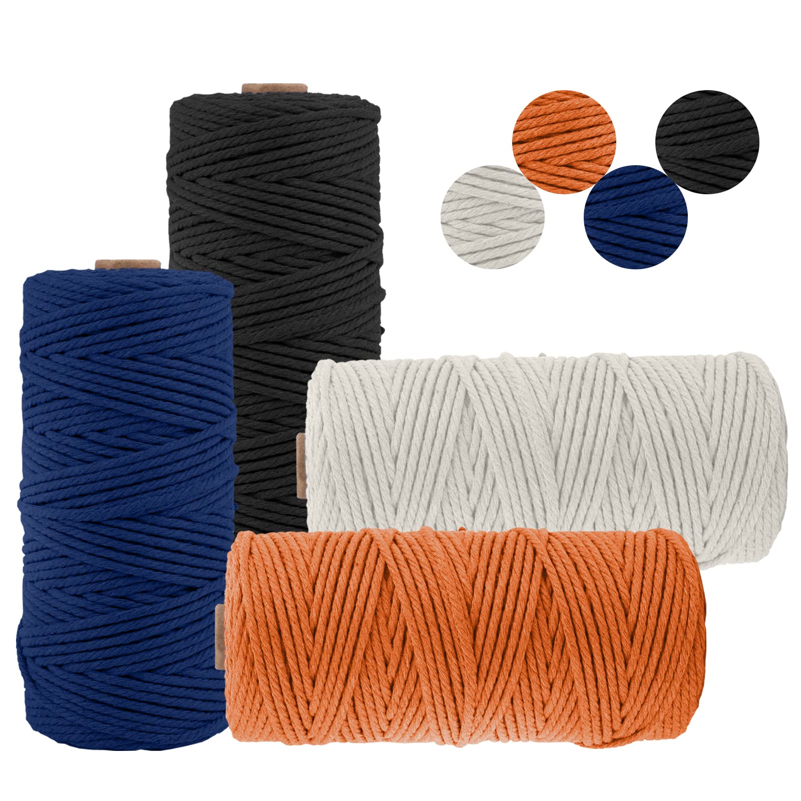 Uiopa Set of 4 Macrame Cord 3mm x 100m, Thick Natural Cotton Rope Coloured Craft String Soft Macrame Yarn Cotton String for DIY Plant Hanger, Wall Hanging, Gift Wrapping, Home Decoration (E)