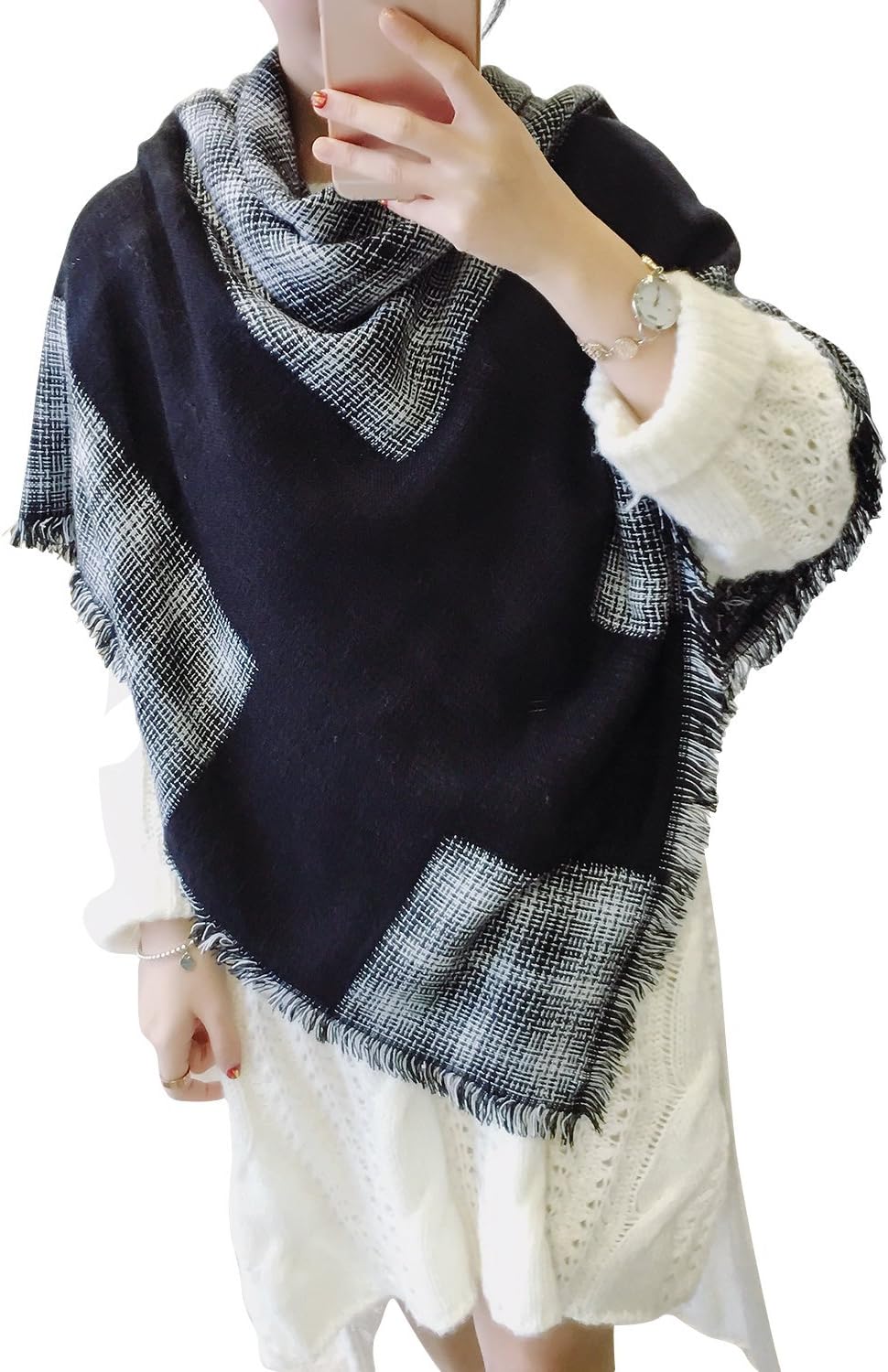 Wool Scarves 3 in 1,Airmark 2018 New Tassels Soft Plaid Wool Scarves Winter Warm Large Blanket Wrap Shawl for Women (Black)