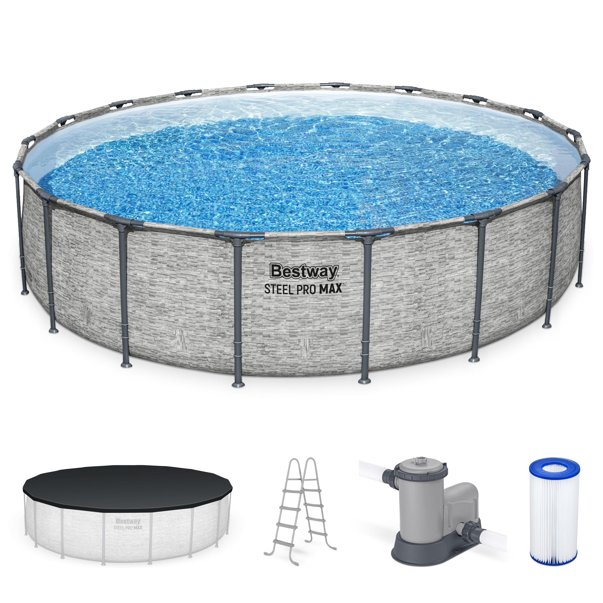 Bestway Steel Pro MAX 18' x 48" Above Ground Pool, Round Metal Frame Outdoor Swimming Pool Set with Filter Pump, Ladder, and Cover, Stack Stone