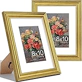Vittanly 8x10 Picture Frames Set of 2, Ornate Vintage Photo Frame for Wall or Tabletop, Display 5x7 Pictures with Mat or 8x10 without Mat, Rustic Gold