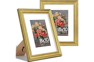 Vittanly 8x10 Picture Frames Set of 2, Ornate Vintage Photo Frame for Wall or Tabletop, Display 5x7 Pictures with Mat or 8x10 without Mat, Rustic Gold