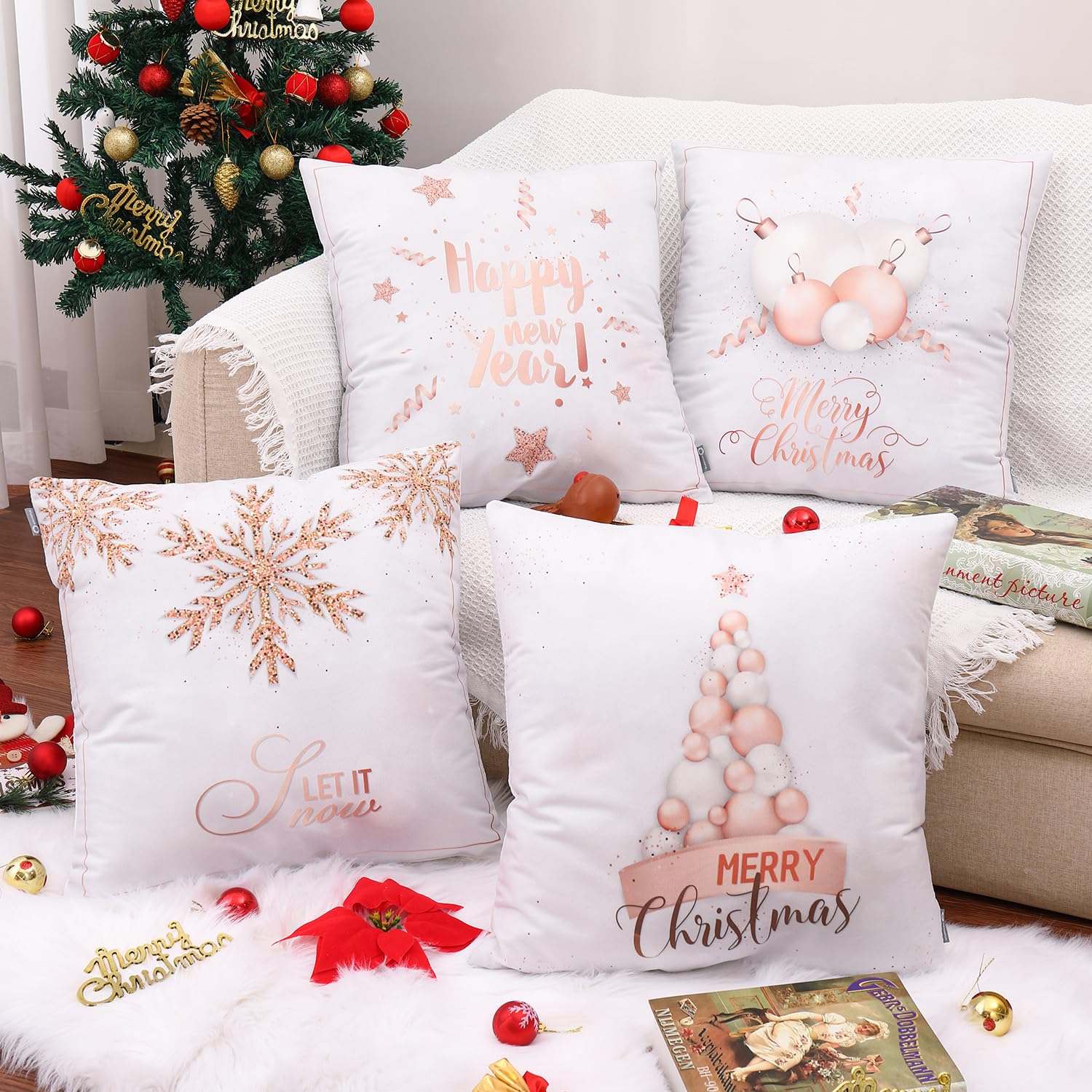 ORANIFUL Christmas Cushion Covers 50cm x 50cm Set of 4 Pink Velvet Holiday Pillow Case for Sofa Couch Bedroom Xmas Decorations Throw Pillowcase 20x20 Inches (4pack-10)