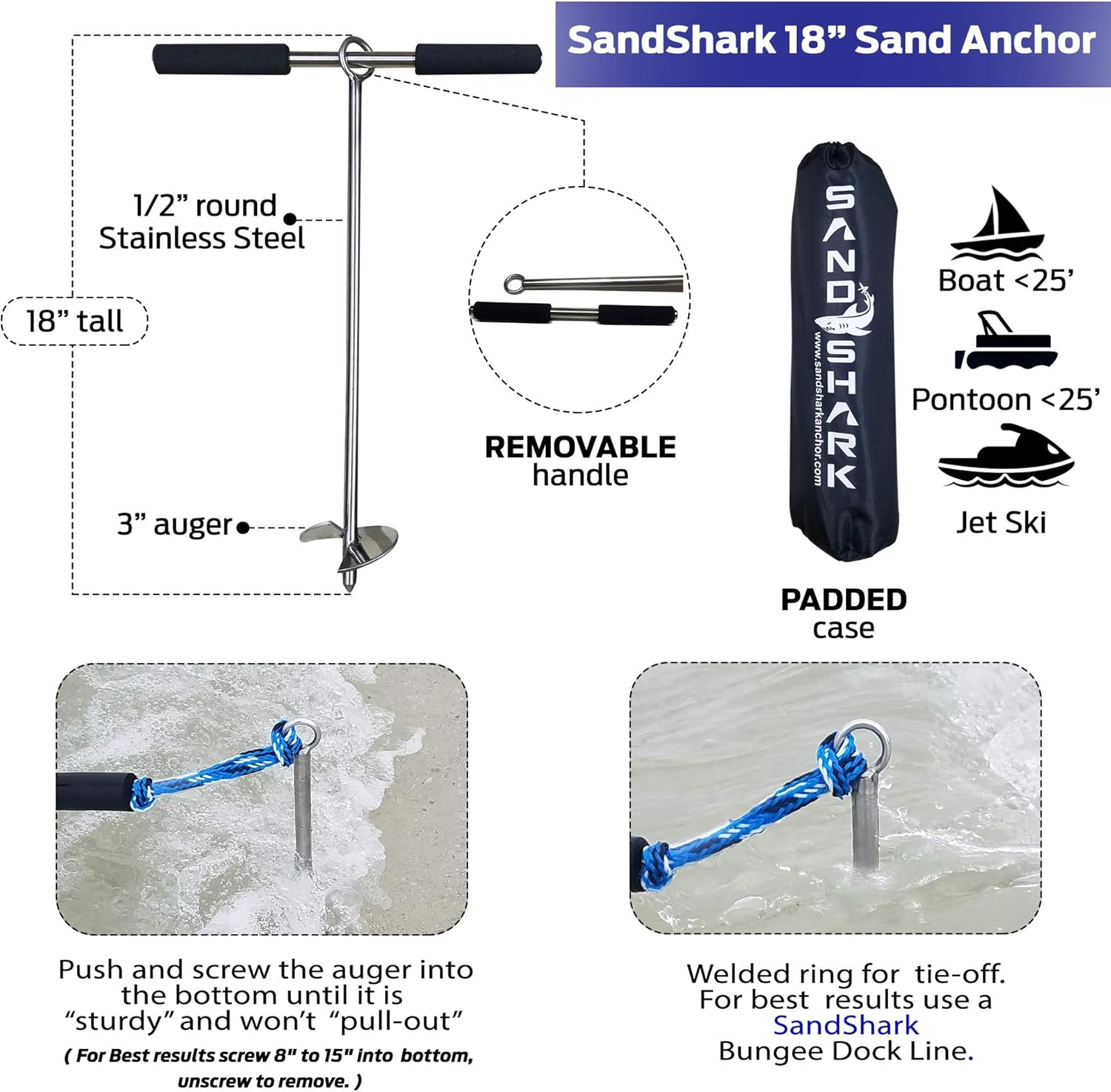 SandShark Lite 18" Sand Anchor, Tested & Proven to Hold Watercraft Secure, Auger to The Beach or Sandbar for Jet Ski, PWC, Pontoon, Kayak, Canoe (Stainless Steel) 18 in w/Padded Case (No Bungee Line) : Sports & Outdoors