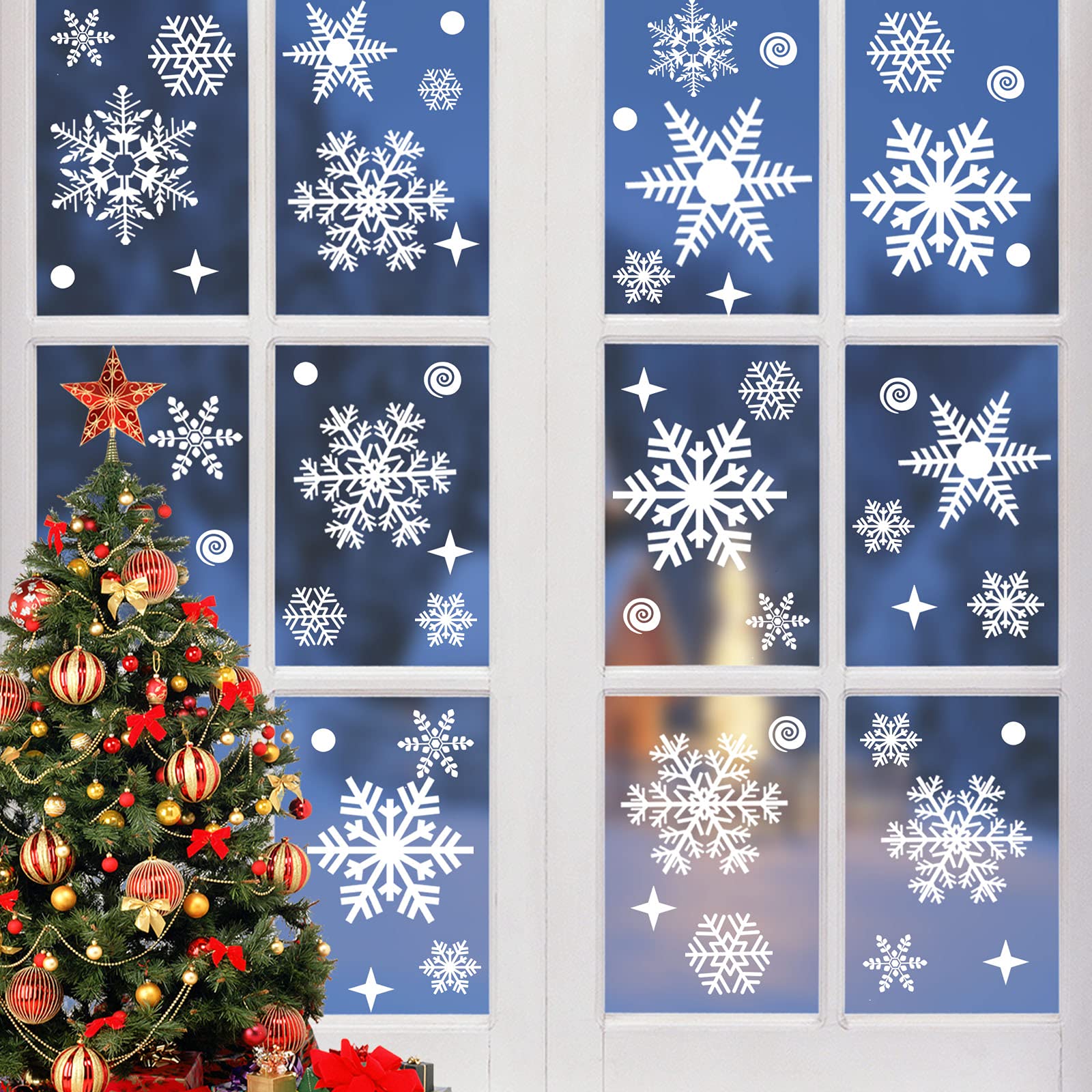 Exiiantag 262Pcs Christmas Window Stickers,Reusable Christmas Snowflake Stickers,Removable Static Clings Snowflakes Window Clings for Xmas Decoration
