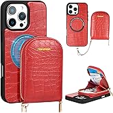 Hanman Magnetic Wallet Case for iPhone 16 Pro Max,RFID Blocking Leather Zipper Purse Magnetic Case with Chain Patche for iPhone 16 Pro Max,Detachable Magnetic Wallet Case for iPhone 16 Pro Max-Red