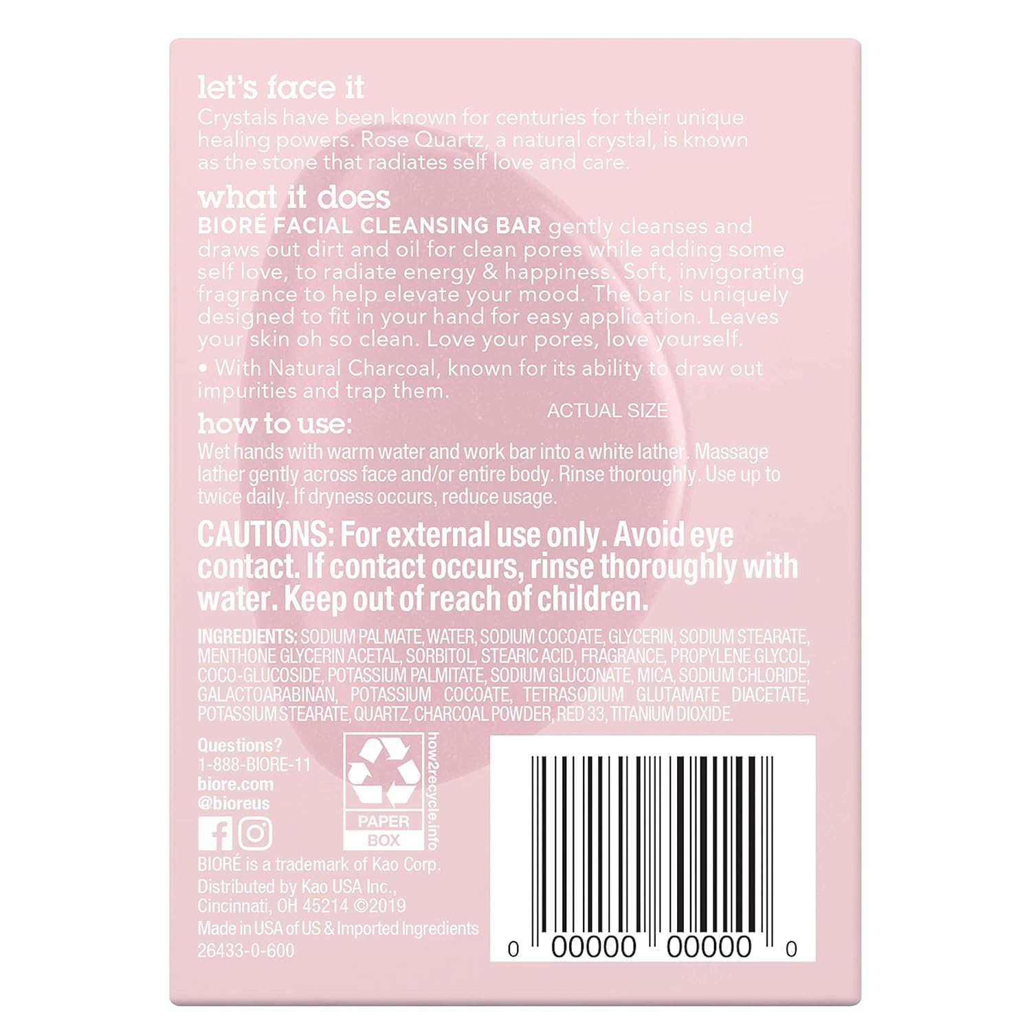 Bioré Rose Quartz With Charcoal Facial Cleansing bar, Exfoliating bar Soap, Daily Face Wash, Oil Free, Dermatologist Tested, Cruelty Free, Vegan Friendly, Paraben Free: Beauty
