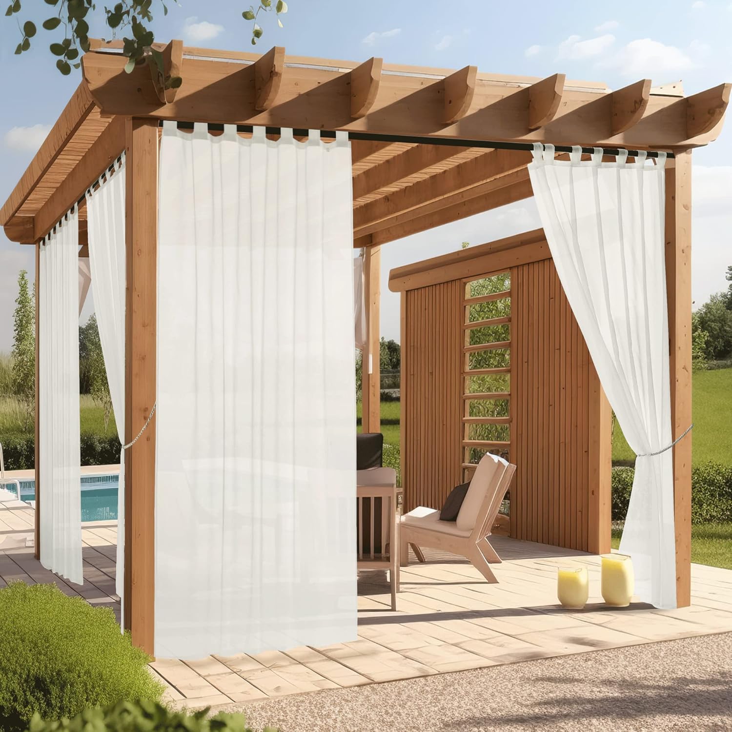 Outdoor Curtains - NICETOWN 2 Panels Outdoor Sheer Curtains for Patio Waterproof 96 inch Long, Tab Top Indoor Outdoor Airy Sheer Voile Drapes with Light Filtering for Pergola/Arbor, W54 x L96, Beige