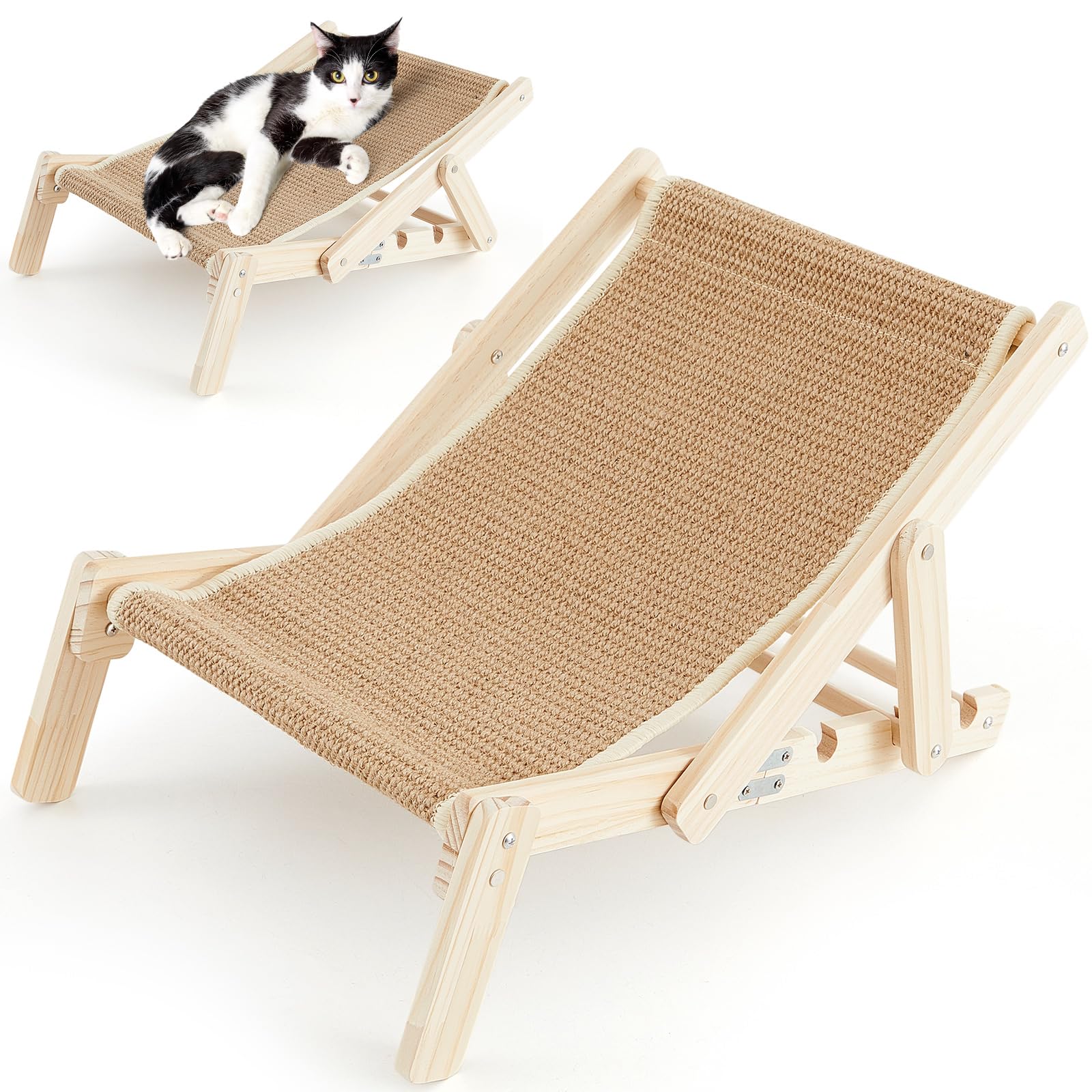 Photo 1 of Juexica 21.7 x 15.8 x 13.8 Inch Cat Sisal Chair Adjustable Foldable Cat Hammock Beach Chair with Sisal Scratcher Wooden Kitty Lounger Kitten Elevated Bed for Indoor Nap Lounge Furniture