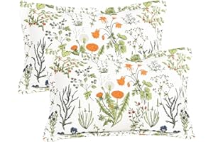 Lady Ann Cotton Quilted Pillow Shams 20x30, Leaves & Yellow Flowers Pattern Printed Pillow Cases Queen Size Set of 2, Decorative Soft & Cozy Pillow Covers for Bed