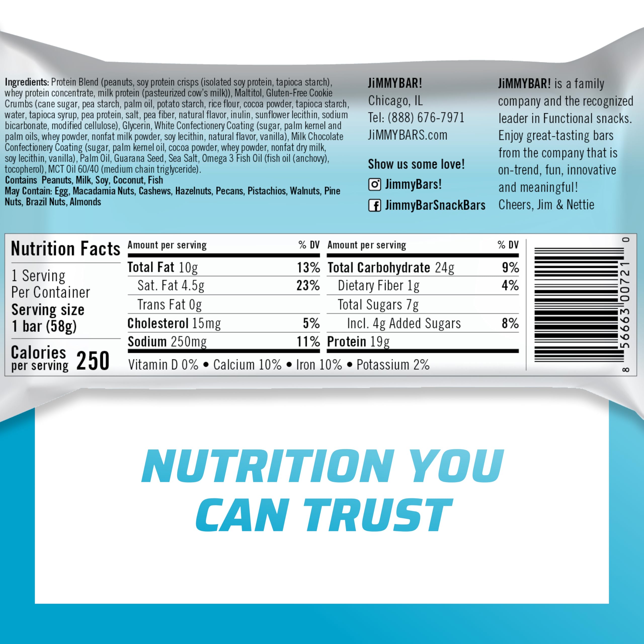 JiMMYBAR! - Cookies N Cream Protein Bars 19g Protein Bar - 7g Low Sugar - 12 Count - 58g Health Bars - Functional Snack with Real Food Ingredients - Hand-Drizzled Chocolate - Made With Real Peanuts