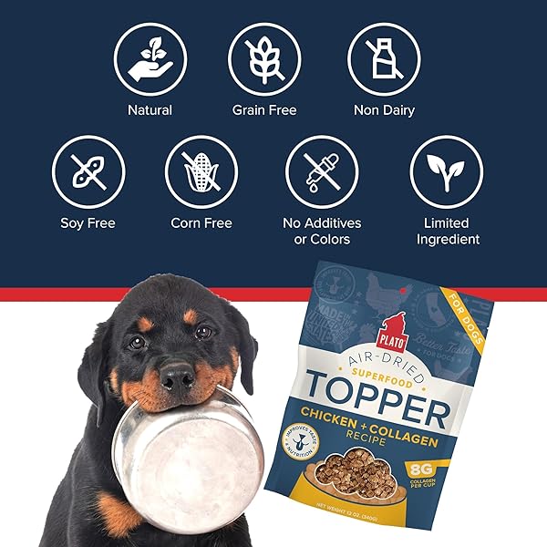 PLATO PET TREATS DOG FOOD TOPPERS – AIR-DRIED DOG FOOD TOPPERS FOR DRY FOOD – WITH COLLAGEN TO SUPPORT SKIN AND COAT HEALTH – CHICKEN AND COLLAGEN RECIPE 12OZ