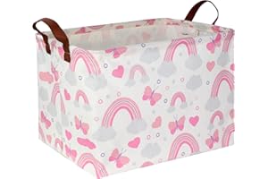 DDBASKET Pink Basket Rainbow Storage Basket Baby Girl Basket Cute Toy Organizer Bin Box Gift Basket Empty Rectangular Rainbow Bedroom Decor for Books(Butterfly Rainbows)