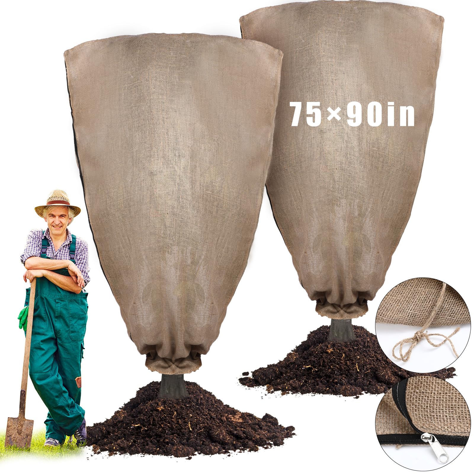 Photo 1 of Berlune 2 Pcs Oversized Reusable Warm Burlap Winter Plant Cover Bags with Drawstring Large Burlap Plant Frost Cloth Cold Freeze Blanket Protecting Fruit Tree(75 x 90)