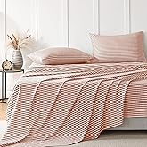 JELLYMONI Natural Cotton Bedding Set, 4-Piece Striped Sheets – King Size, Pink