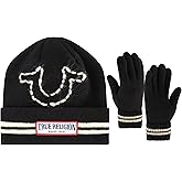 True Religion Beanie Hat and Gloves Set, Cuffed Winter Knit Cap with Stitched Yarn Horseshoe Logo and Fleece Lined Mittens