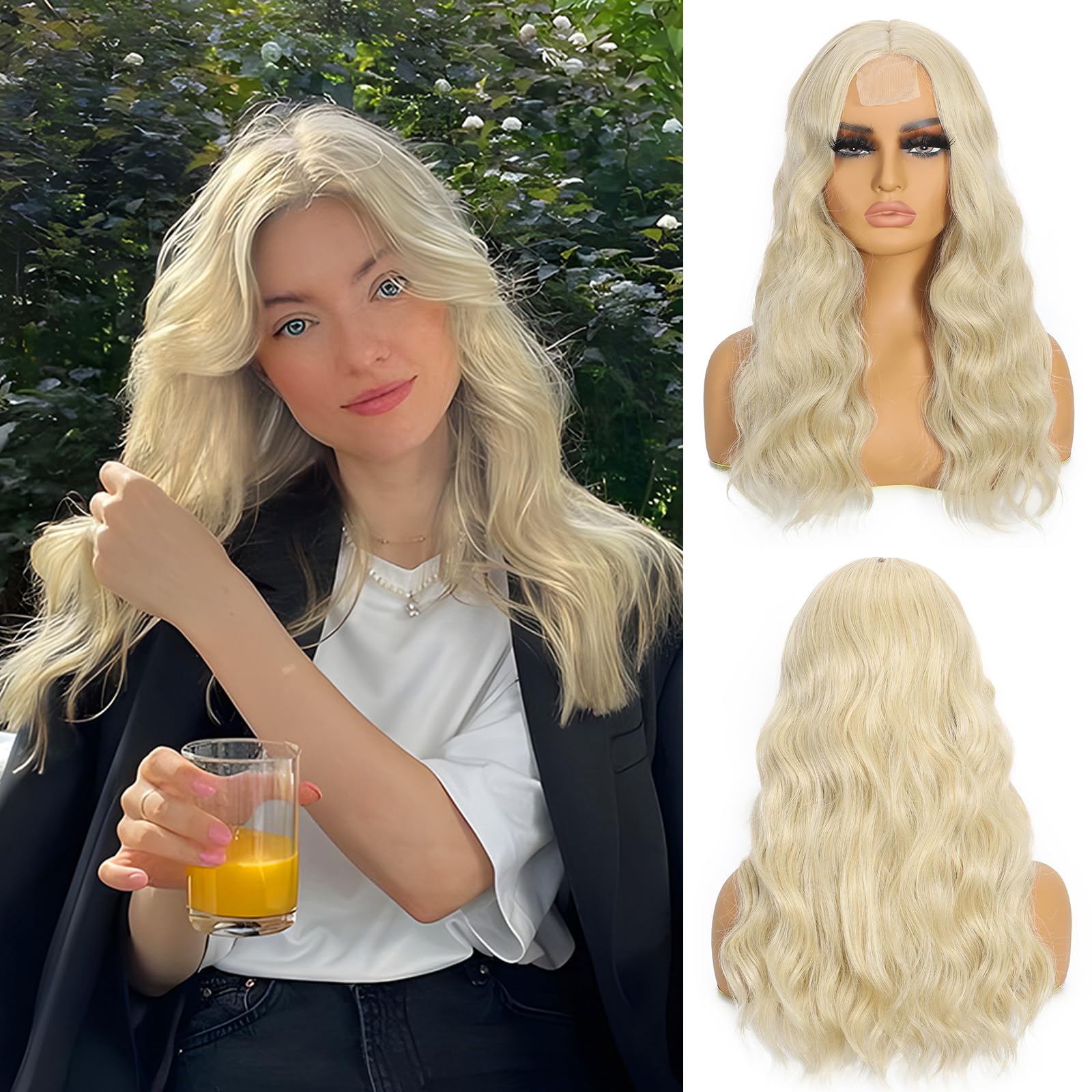 Photo 1 of 18 Inch Long Blonde Wig for Women | Middle Part Culy Wavy Wig | Heat Resistant & Natural Looking | Lightweight Synthetic Hair for Daily Use, Halloween, Cosplay