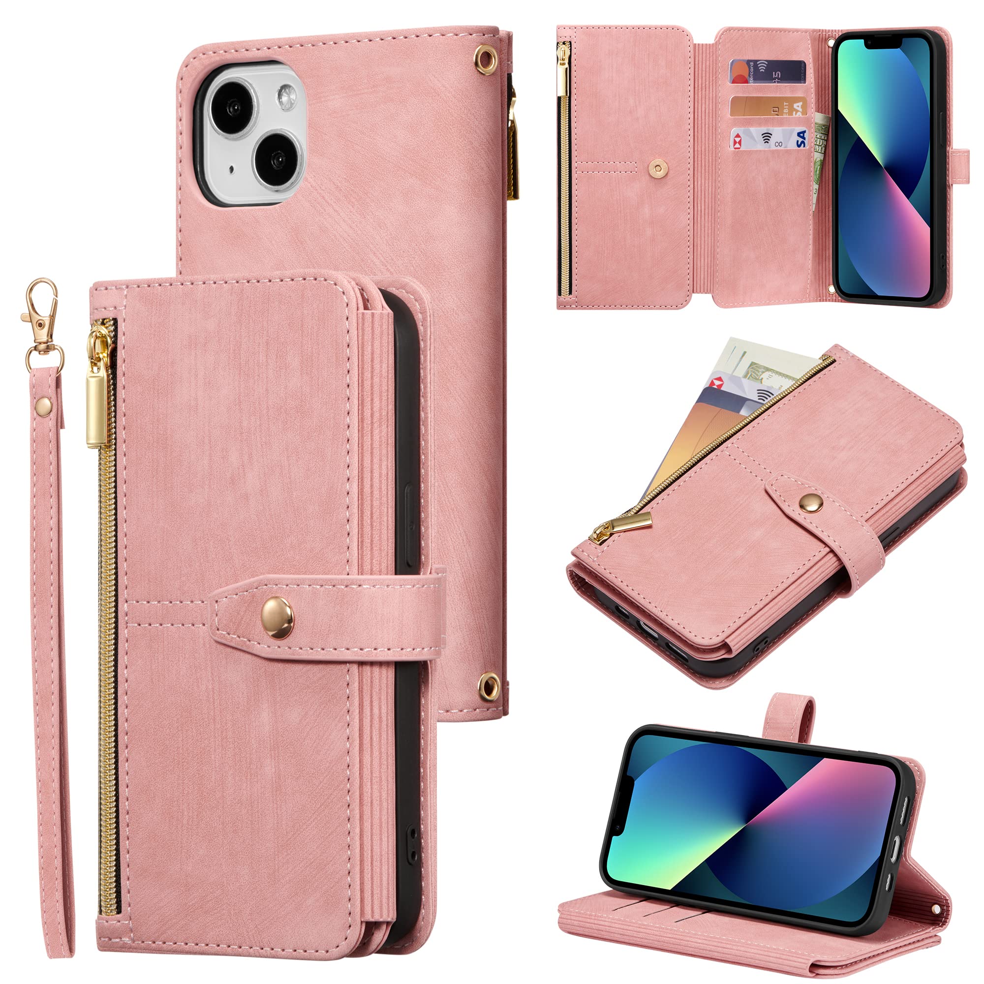 ZCDAYE Wallet Case for iPhone 13, Premium Leather Phone Case Women Ladies Holster with Card Slots Wrist Strap Zipper Flip Phone Cover for iPhone 13 (6.1 inches), Rose Gold — image 1