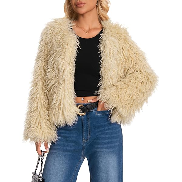 Dikoaina Women's Solid Color Shaggy Faux Fur Coat Jacket at Amazon