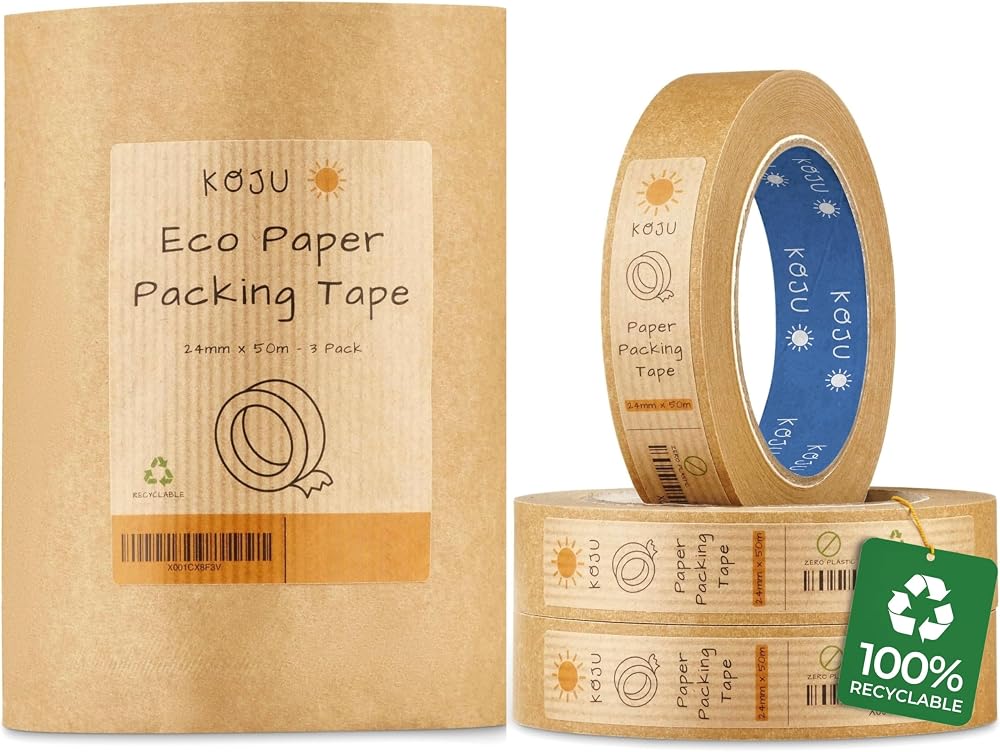 Koju Kraft Paper Packing Tape 24mm x 50m 3 Pack Eco Friendly Recyclable