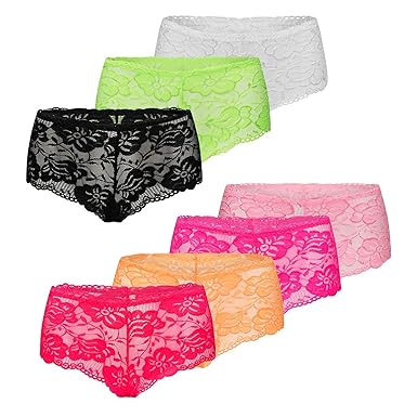 Kendindza Damen 7er Set Unterhosen Spitzen-Unterwäsche Netz sexy Hot Pants