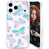 ooooops Glitter Phone Case for iPhone 17 Pro, Clear Phone Cover with Purple Colorful Butterfly Design, Sparkling Iridescent Laser Pattern, Cute Slim Shockproof Protective Case for Women Girls 6.3''
