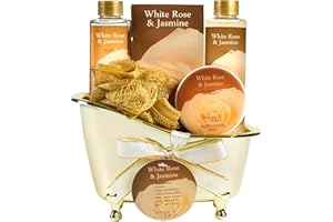 FREIDA AND JOE White Rose Jasmine Spa Set For Women Displayed in Elegant Gold Tub Includes Shower Gel, Bubble Bath, Body Lotion, Jasmine Bath Salt and Pouf, Award Winning Bath and Body Set