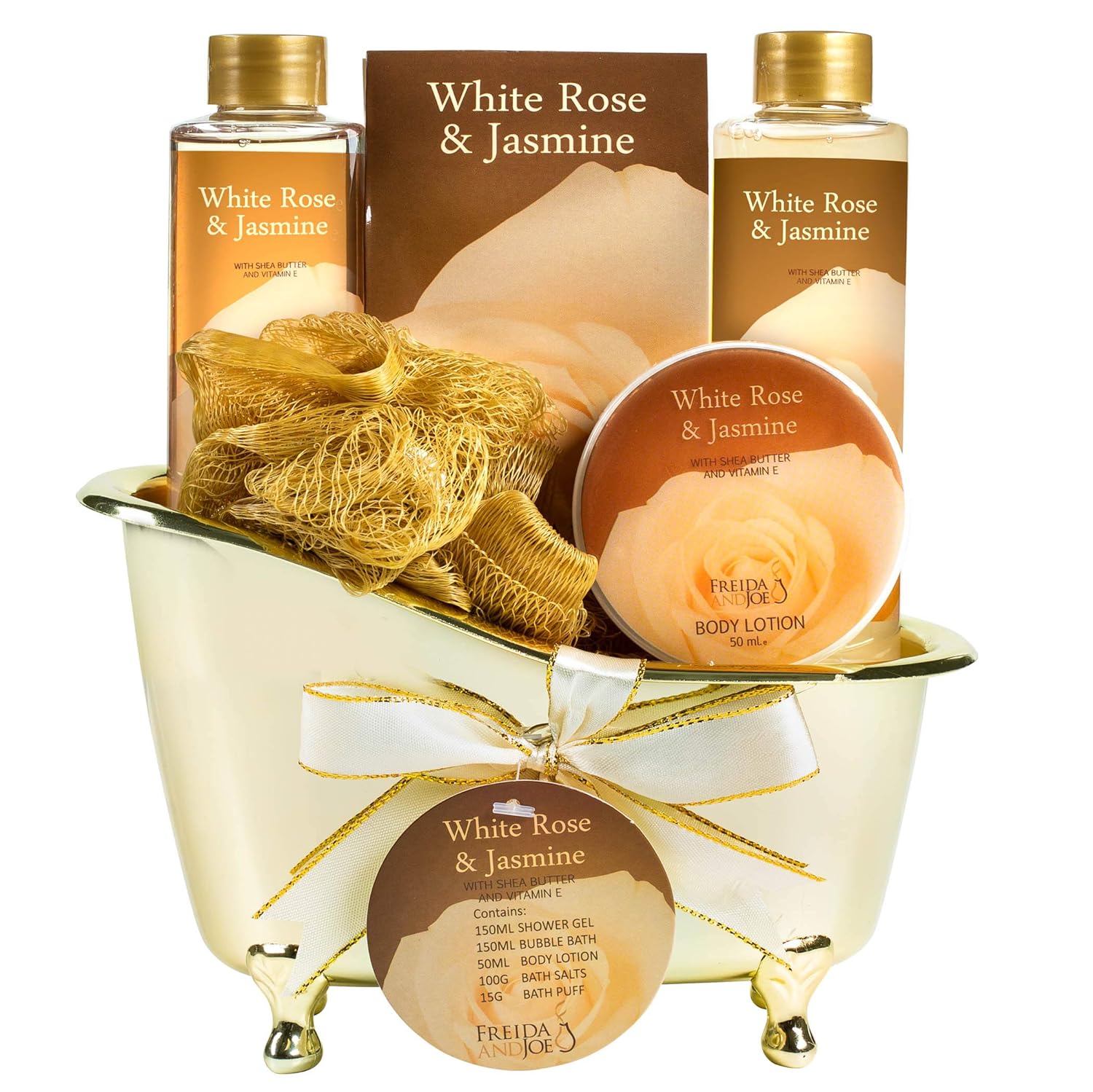 Home Spa Gift Basket - White Rose Jasmine Spa Set For Women - Luxury Bath & Body Set For Women - Contains Shower Gel, Bubble Bath, Body Lotion, Jasmine Bath Salt and Pouf Displayed in Elegant Gold Tub : Bath And Shower Product Sets : Beauty