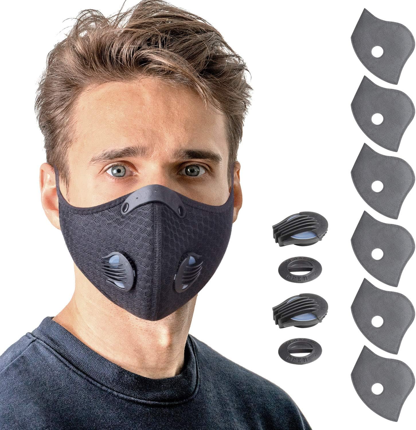 BOMIER Dust Breathing Mask, Dust Pollution Mask with 6 Extra Activated Carbon N99 Filters and 2 Valves for Woodworking House Cleaning Mowing Running Outdoor Sports (Black)