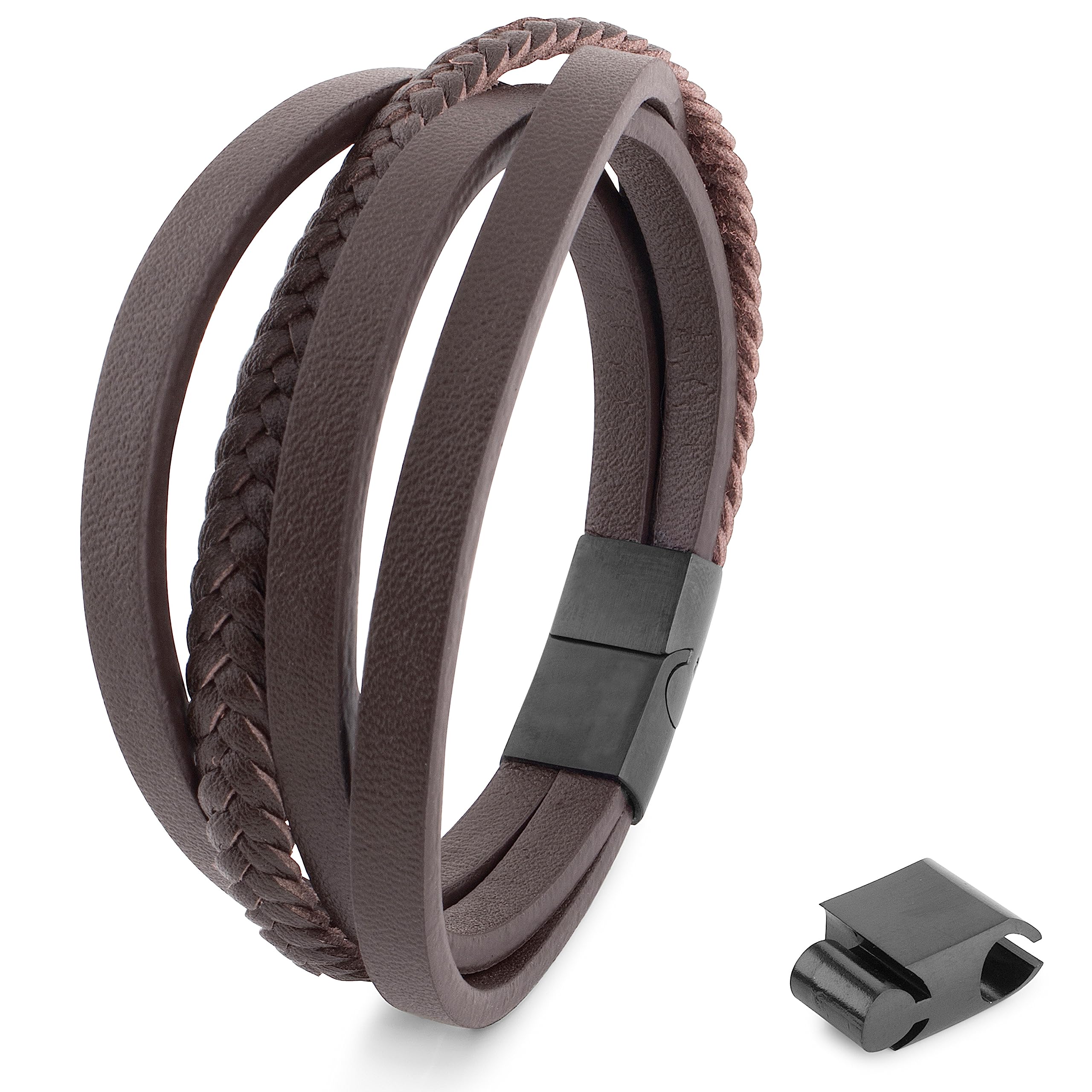 Akitsune Pathfinder Synthetic Leather Bracelet | Magnetic Clasp Stainless Steel - Braided Mens Bangle Wristband | incl. Beautiful Jewelry Gift Box - Black-Brown - 19cm
