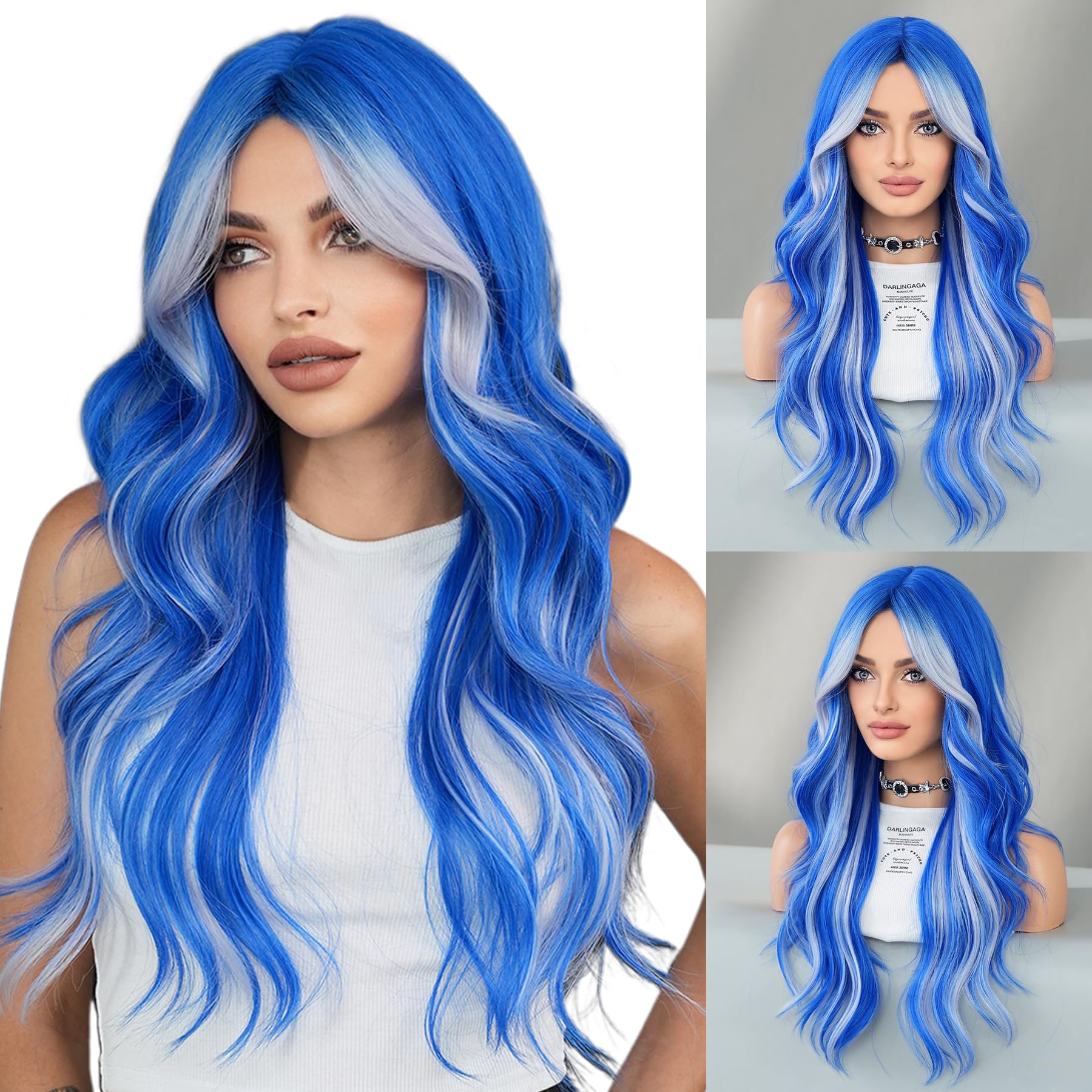 Photo 1 of TRUMOST Blue Platinum Blonde Highlight Long Wavy Wig with Curtain Bang 26 Inch Ombre Blue Blonde Wig Synthetic Heat Resistant for Women Daily Party used.