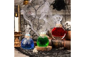 HOHUCRAB Halloween Decorations Indoor, Potion Bottles Halloween Decor,Set of 3 Transparent Glass Potion Bottles with Corks,Halloween Shelf Decor apothecary bottles, Witch Potion Bottles Decor