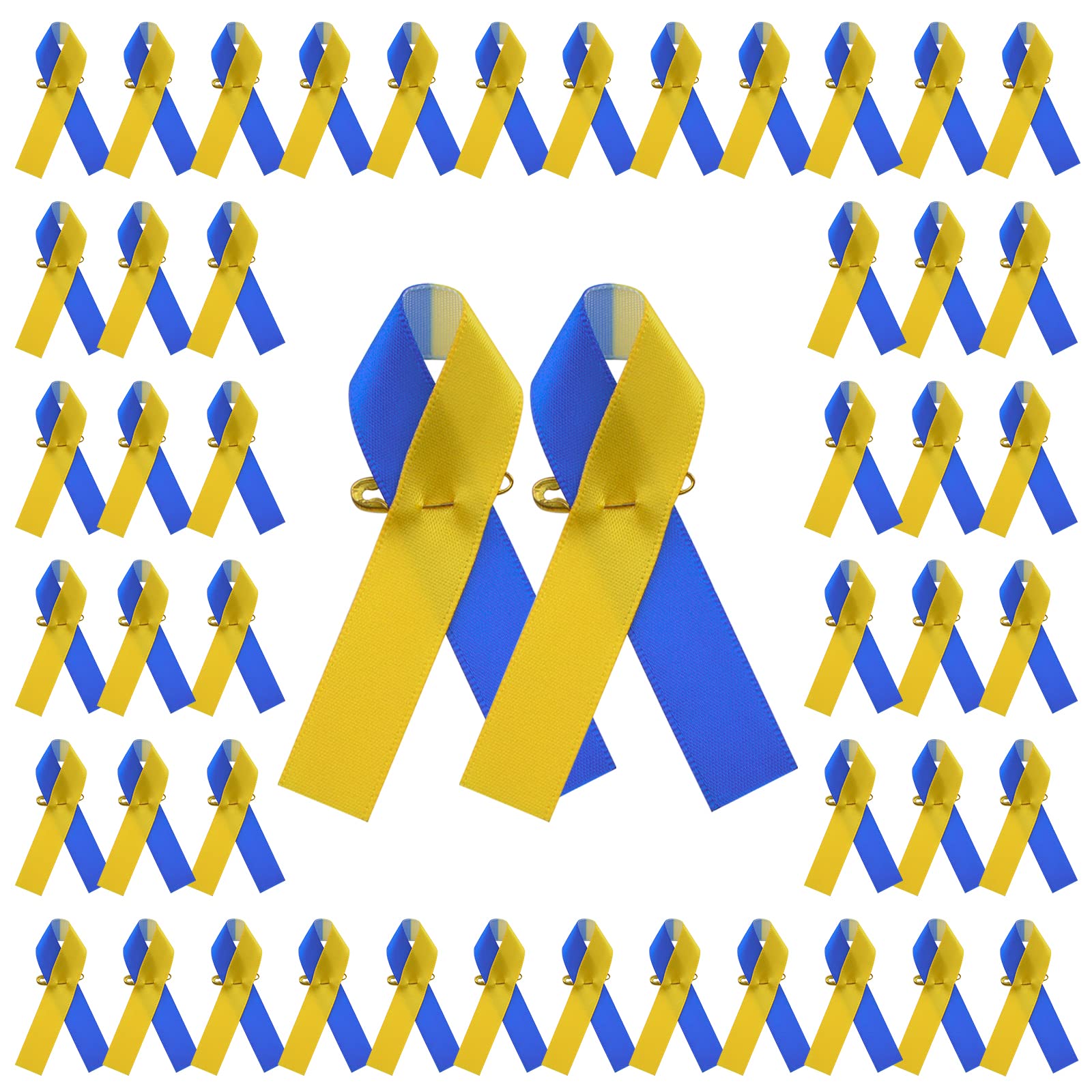 CRAFFANCY 100 Pcs Blue&Yellow Ribbon Pins, Satin Ribbon Pin Down Syndrome Awareness Badge Brooch with Safety pins for Women & Men Event Decoration