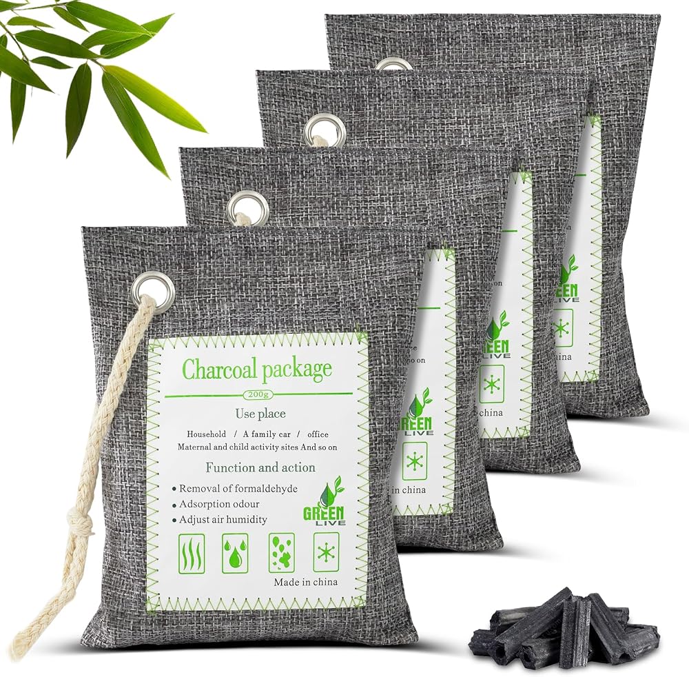 HOTUT Bamboo Charcoal Air Purifying Bags 4x200g Odor Moisture Remover