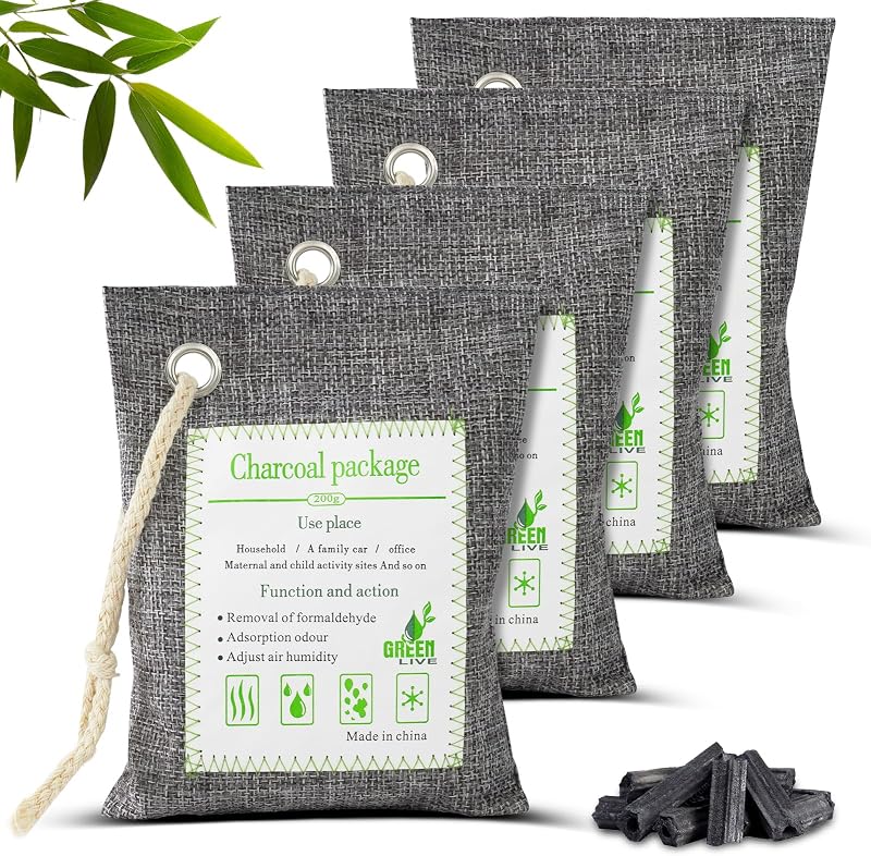 HOTUT Bamboo Charcoal Air Purifying Bags 4x200g Odor Moisture Remover