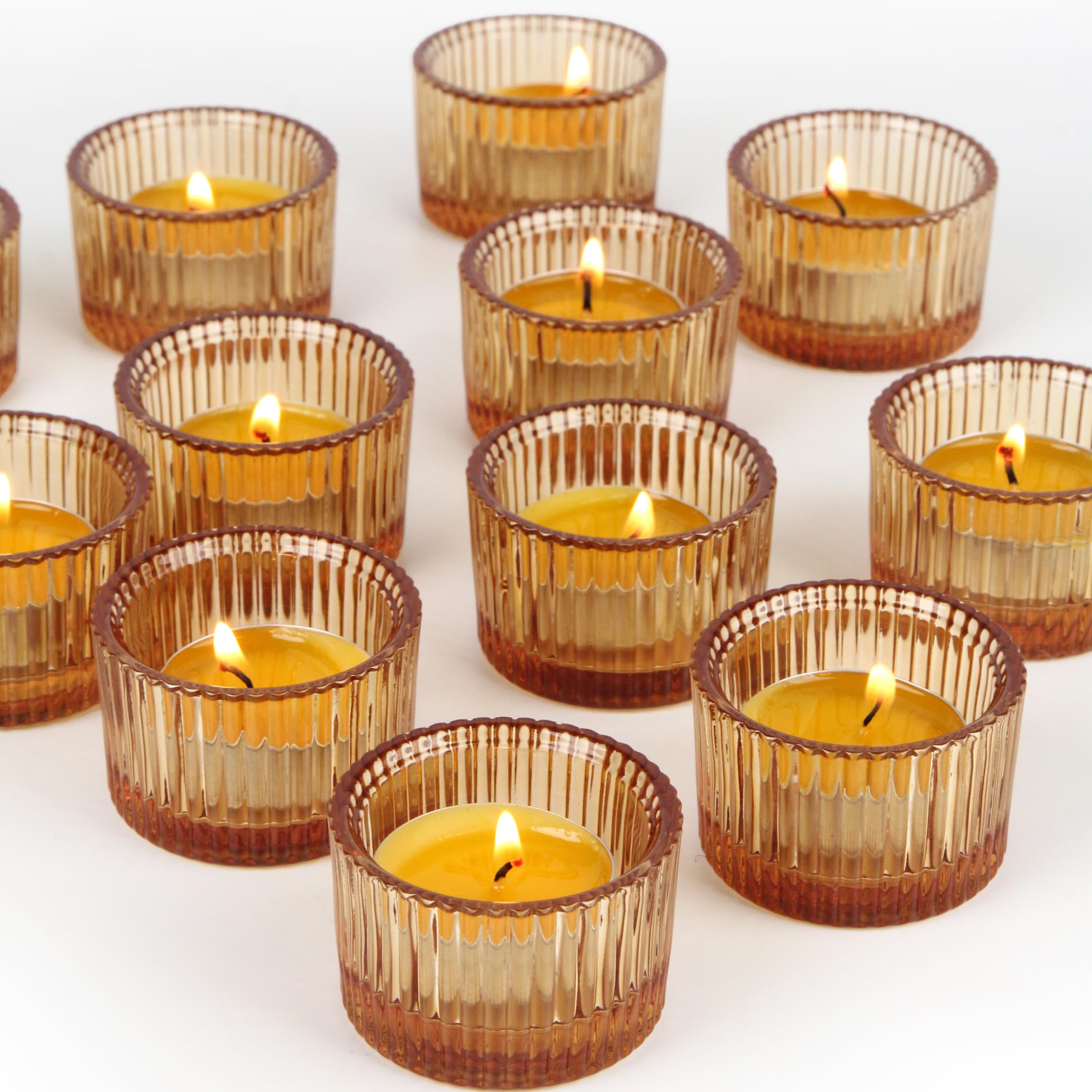 HofferRuffer Glass Tealight Holders 12pcs Tea Light Candle Holders Small Votive Candle Holder for Home Decor,Wedding,Party,Christmas Amber