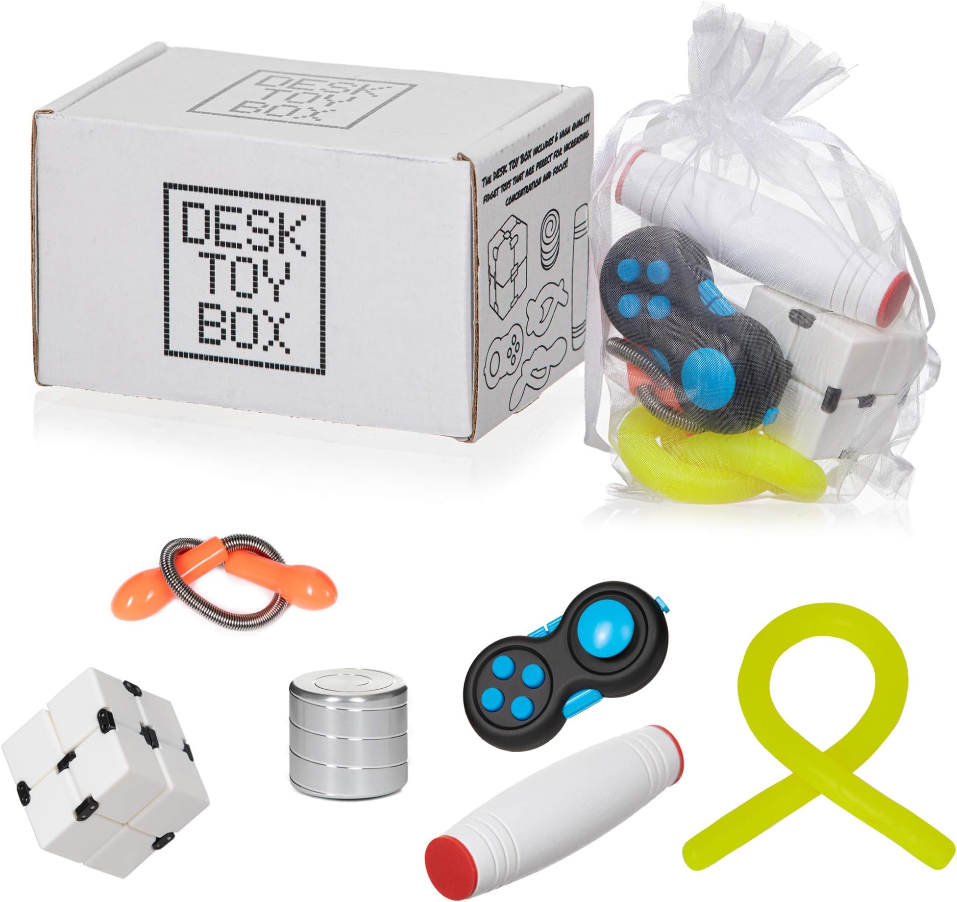 Desk Toy Box for Stress Relief and Anxiety, Adults Kids | 6 Pack Set | Kinetic Spinning Desk Toy, Fidget Pad, Sensory Stretch Toy, Infinity Cube, Fidget Stick | EDC Fidget Toy for Stress, Anti-Anxiety