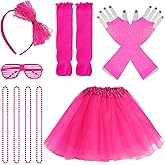 jiebor 80s Costume Outfits Accessories for Girls Tutu Skirt Leg Warmers Fishnet Gloves Shutter Glass Headband Necklace