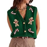Women Christmas Knit Vest Button Down V Neck Sweater Vest Sequin Embroidered Sleeveless Cardigan Xmas Clothes